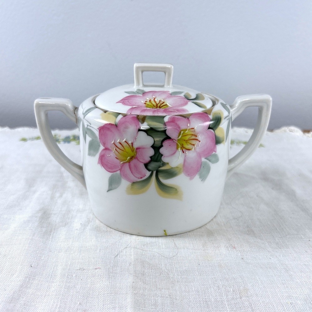 Vintage Noritake Hand Painted Floral Lidded Sugar Bowl Morimura Japan Gold Trim